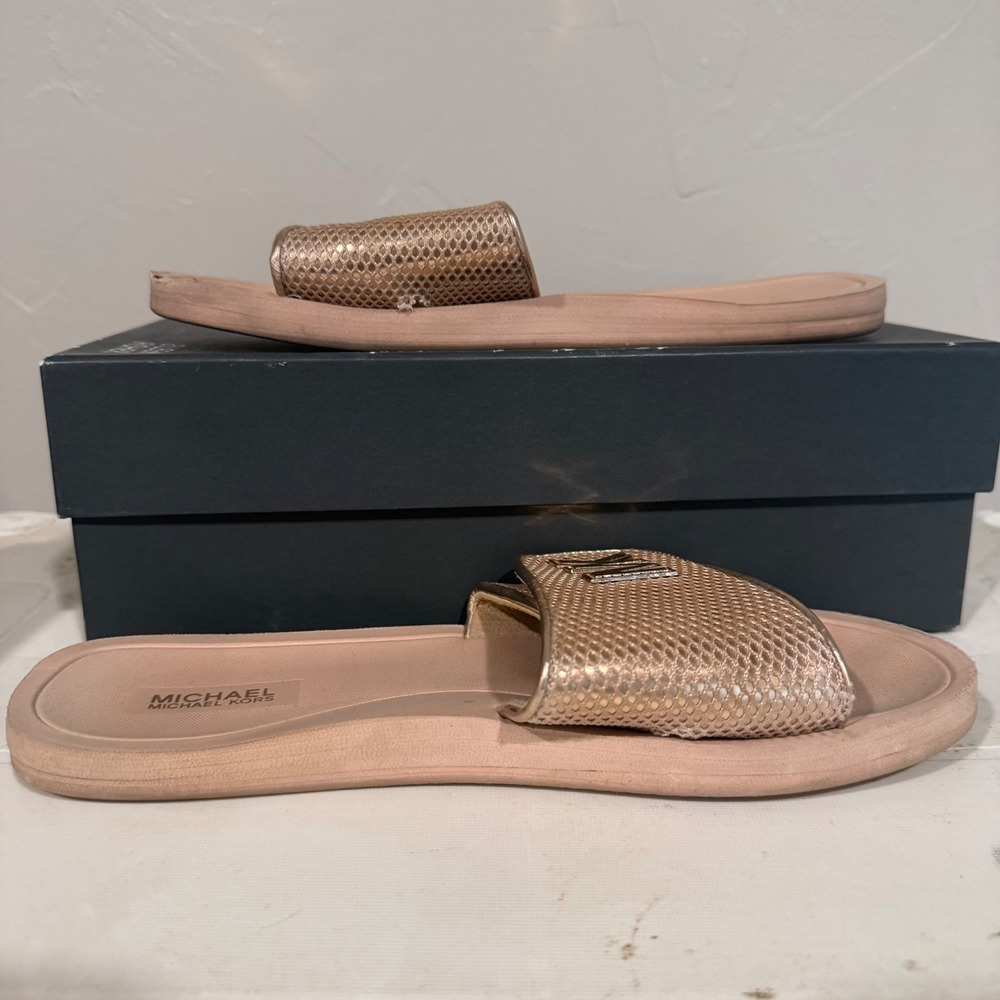 Michael Kors Slide Sandals Womens 7 Rose Gold Fair Metallic Mesh Logo Slides